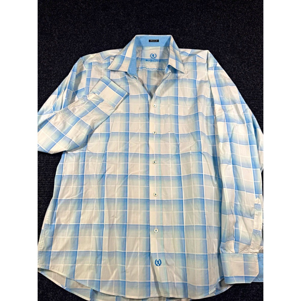 Bugatchi Uomo Mens XL Classic Fit Plaid Button Up Shirt Blue White Long Sleeve